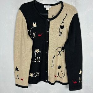 Christopher & Banks size XL knit cardigan cat embroidered black beige cotton VTG